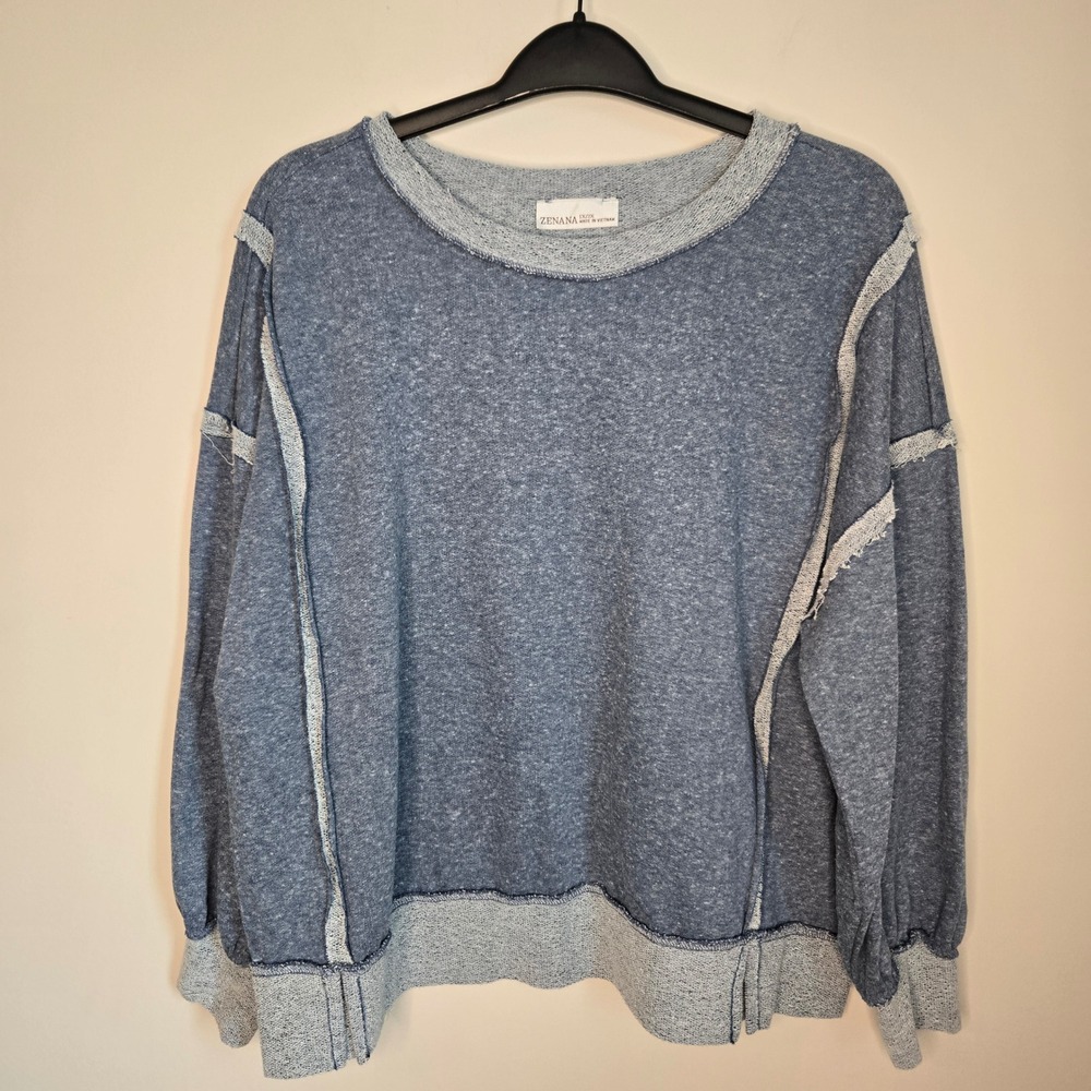 Zenana Blue Heathered Exposed Seam Sweatshirt oversized Plus Size 1X 2X - Picture 2 of 8